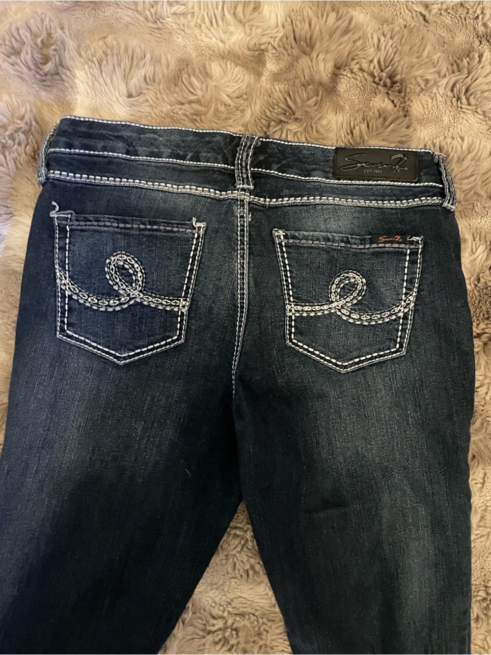 Seven7 Y2K Dark Blue Boot Cut Jeans with White Stitching